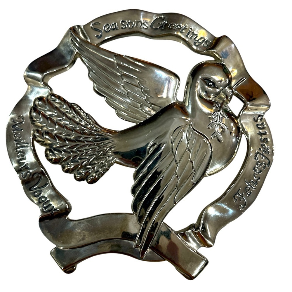 Vintage Metal Trivet Godinger Silver Plate DOVE Olive Branch Seasons Greetings